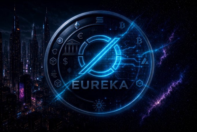 A futuristic digital graphic featuring a glowing blue 'EUREKA' logo with cryptocurrency symbols (Bitcoin, Ethereum) surrounding it, set against a dark cityscape background.