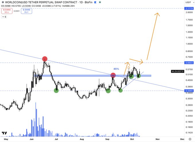 A TradingView chart for WORLDCOIN/USD TETHER PERPETUAL SWAP CONTRACT (WLDUSDT) showing a descending triangle pattern with projections indicating potential upward movement and a 45% gain target.