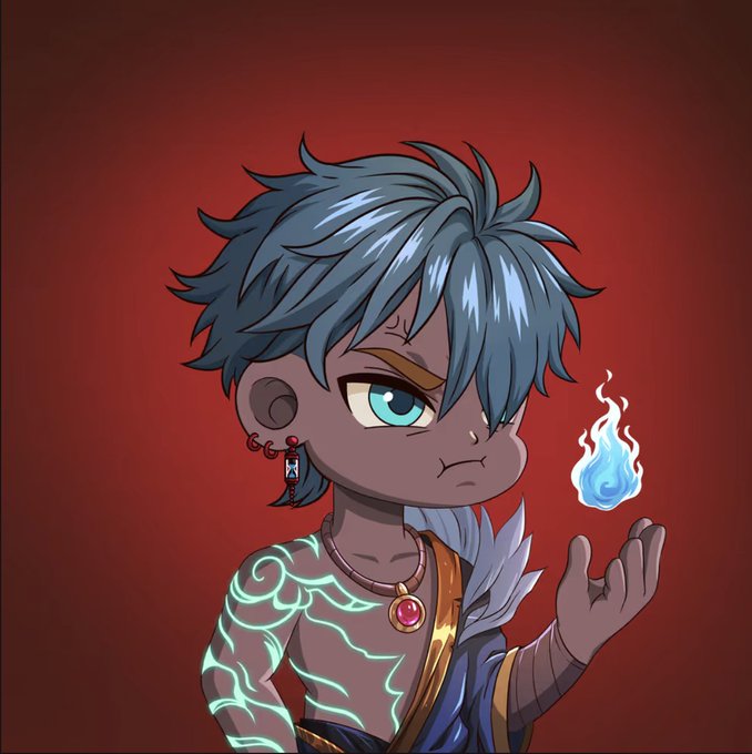 A digital illustration of a chibi-style character with blue hair, dark skin, glowing teal tattoos, and a red gemstone necklace, holding a small blue flame against a dark red background.