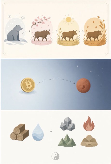 A three-panel illustration showing the four classical elements transformation (bear to ox across seasons), a Bitcoin transforming into Mars, and elemental symbols including wood, water, crystals, fire, earth, and mountains around a yin-yang symbol.