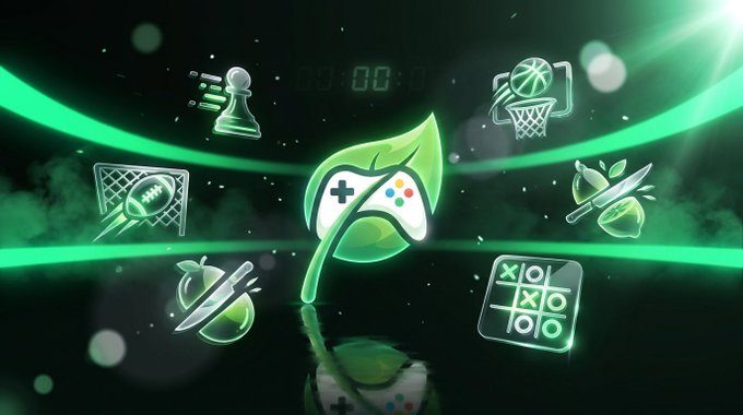 A neon green graphic featuring various gaming and sports icons, including a chess piece, basketball, football, game controller, and tic-tac-toe, arranged on a glowing background.