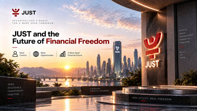 A promotional banner for the JUST cryptocurrency project on the TRON network, featuring the text 'JUST and the Future of Financial Freedom' alongside a futuristic city skyline at sunset.