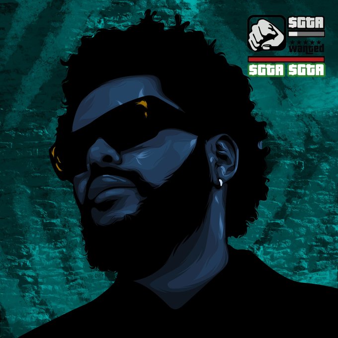 A stylized illustrated portrait of a man with curly hair, a beard, and a headband rendered in dark tones against a teal background, featuring "SGGA" and "wanted" logos with a health bar graphic in the top right corner—evoking a Grand Theft Auto (GTA) video game aesthetic that ties directly into the post's bullish commentary on the $GTA token.