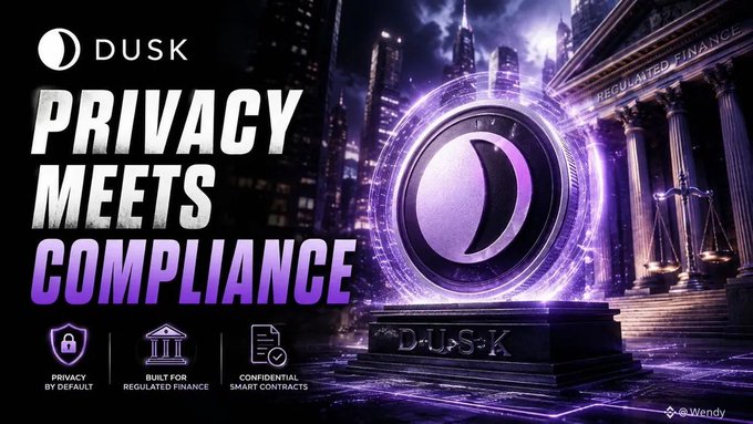 A purple-toned promotional graphic for Dusk features the headline 'PRIVACY MEETS COMPLIANCE' alongside icons highlighting 'PRIVACY BY DEFAULT', 'BUILT FOR REGULATED FINANCE', and 'CONFIDENTIAL SMART CONTRACTS'.