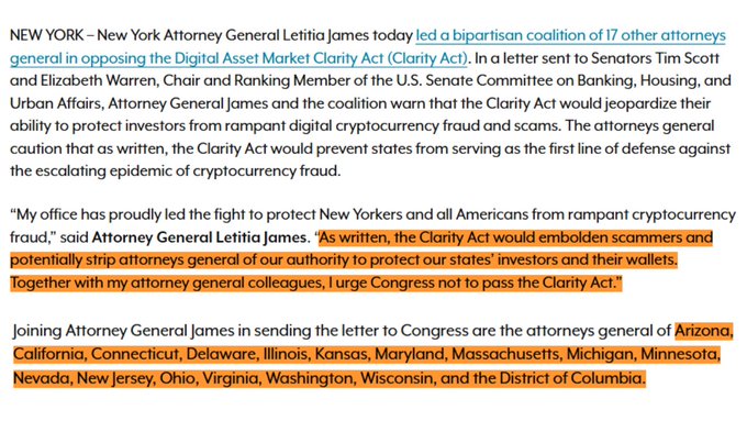 The image is a news article stating that New York Attorney General Letitia James and 17 other attorneys general sent a bipartisan letter to U.S. Senators Tim Scott and Elizabeth Warren opposing the Digital Asset Market Clarity Act, warning it would strip states of their authority to protect investors from cryptocurrency fraud. It highlights that the joining attorneys general include those from Arizona, California, Connecticut, Delaware, Illinois, Kansas, Maryland, Massachusetts, Michigan, Minnesota, Nevada, New Jersey, Ohio, Virginia, Washington, Wisconsin, and the District of Columbia, aligning with the post's claim that 18 attorneys general are urging Congress to reject the Clarity Act.