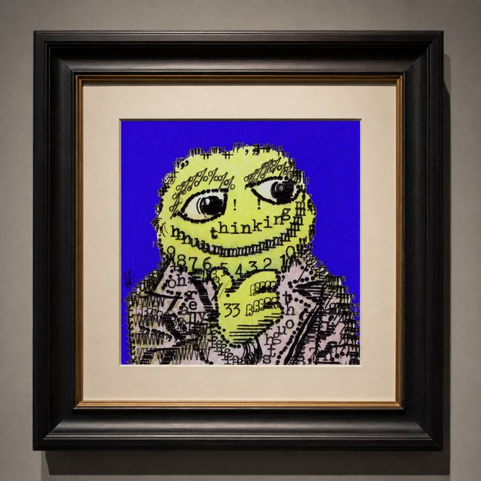 A framed pixel-art style portrait of a yellow creature with the word 'thinking' across its face, surrounded by scattered numbers and letters, set against a bright blue background in an ornate black frame.