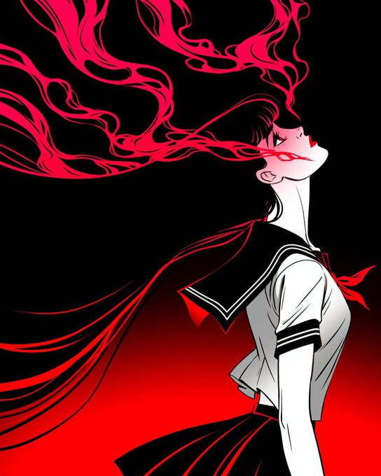 A stylized illustration of an anime girl in a sailor uniform with vibrant red flame-like hair flowing behind her against a dark red and black background.
