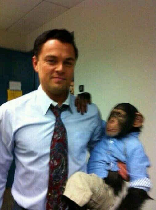 A man in a light blue dress shirt and patterned tie posing with a chimpanzee dressed in a matching blue shirt and khaki pants, with its arm draped over his shoulder.