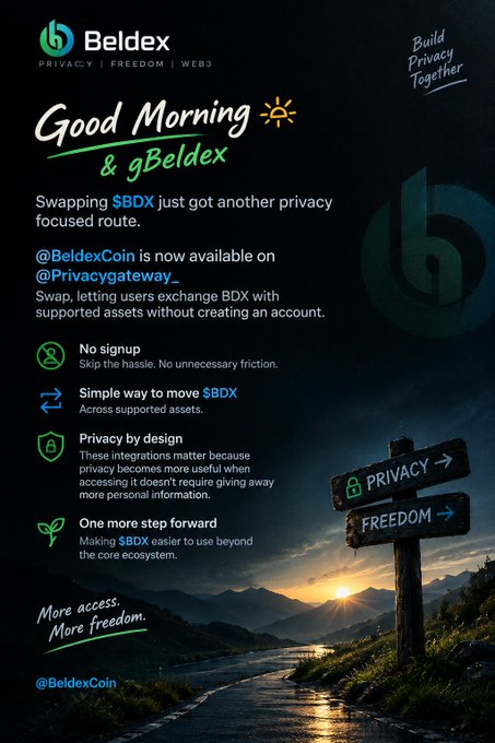 Good Morning message from Beldex announcing that $BDX is now available on @Privacygateway_, allowing users to swap and exchange BDX with supported assets without signup, highlighting 'No signup,' 'Simple way to move $BDX,' 'Privacy by design,' and 'One more step forward.'
