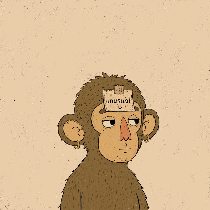 A cartoon monkey with a deadpan expression has a sticky note on its forehead reading "unusual," referencing the @UnusualNFTs Twitter handle mentioned in the post. The illustration humorously plays on the "ape" slang term used in NFT and crypto communities, tying together the callouts of Queen and @Mrym_nft in a lighthearted visual.