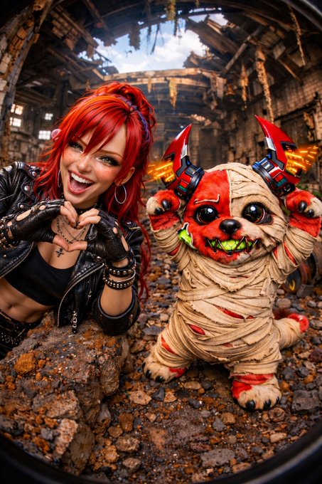A cosplay photo features a woman with red hair in a black leather outfit posing alongside a small dog in a detailed mummy costume with red demonic horns and green glowing accents, set in a post-apocalyptic ruin.