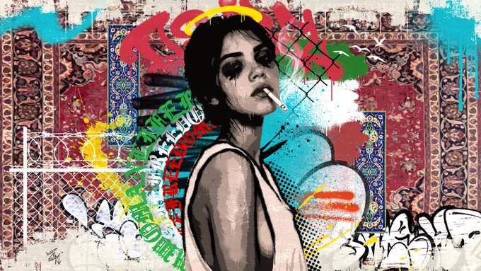 A vibrant street art-style illustration of a woman with a halo smoking a cigarette, set against a colorful graffiti backdrop featuring a chain-link fence and ornate rug patterns, with the text 'WHERE HELL' partially visible.