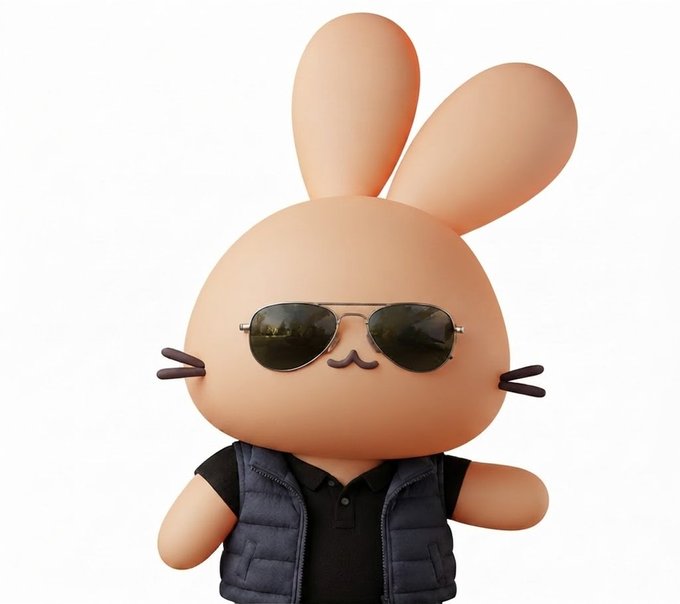 A 3D illustration of a stylized peach-colored rabbit character wearing aviator sunglasses, a black polo shirt, and a dark puffer vest.