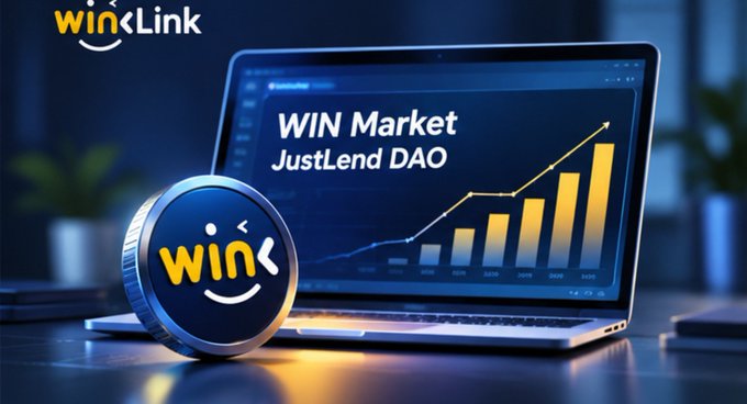A stylized crypto promotional image shows the “winLink” logo, a large coin marked “win,” and a laptop displaying “WIN Market” and “JustLend DAO” above a rising bar chart.