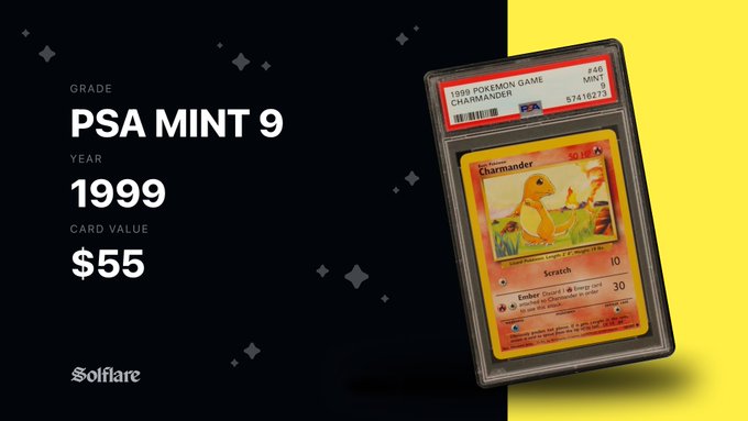 A Solflare promotional graphic displaying a PSA MINT 9 graded 1999 Pokémon Charmander card with a value of $55.