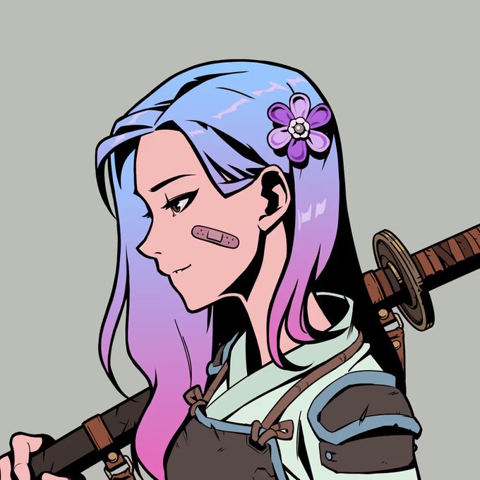 A digital illustration of an anime-style female character with long blue and pink gradient hair, wearing a flower hair accessory and a bandage on her cheek, carrying a katana sword on her back.