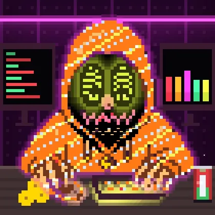 Pixel art illustration of a hooded hacker figure in orange with green digital code face, sitting at a computer with charts on monitors in the background.