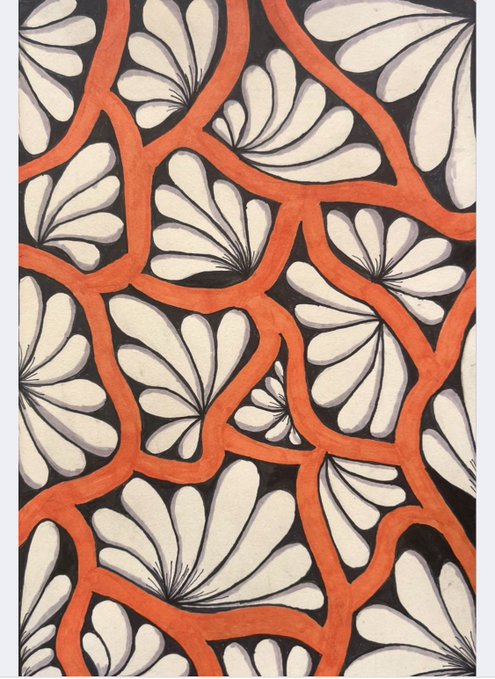 The image features a black and white patterned design with orange lines, which appears to be a drawing or painting of flowers. The artwork has been posted online for everyone to see, as indicated by the accompanying text that reads "Happy Tuesday Tuesdays are for art! Just mindful". This suggests that the artist is sharing their work on social media platforms in order to showcase their talent and engage with an audience interested in art and design.