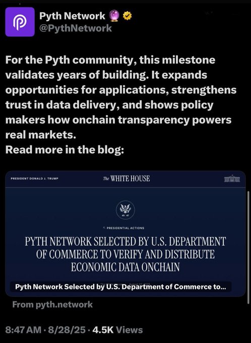 A tweet from Pyth Network (@PythNetwork) celebrating being selected by the U.S. Department of Commerce to verify and distribute economic data onchain, featuring a White House Presidential Actions graphic announcing the partnership, posted at 8:47 AM on 8/28/25 with 4.5K views. The image contrasts sharply with the accompanying post's critical commentary questioning Pyth's reliability, centralization of their oracle to a single node, and alleged document forgery.