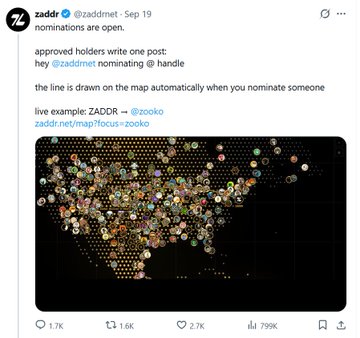 A Zaddir (@zaddirnet) tweet dated Sep 19 explaining how nominations automatically draw lines on the map, with a US map visualization showing nomination connections.