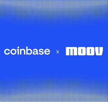 Coinbase and Moov logos displayed side-by-side on a blue halftone background, illustrating their new partnership to enable stablecoin payment services for over 1,000 community banks and credit unions.