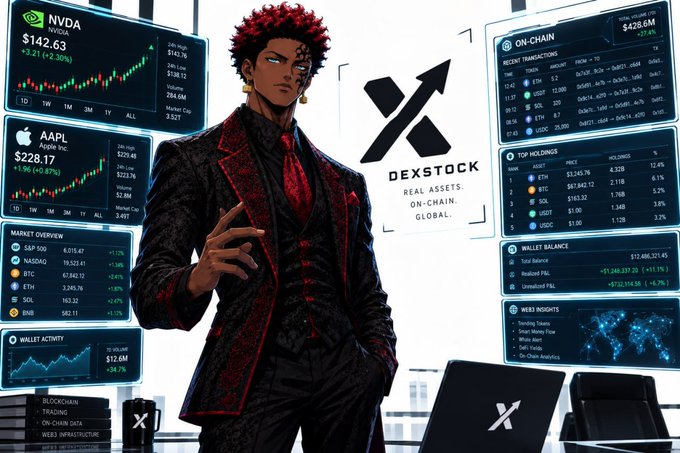 An anime-style illustration of a red-haired character in a suit surrounded by multiple screens displaying stock tickers like NVDA and AAPL, along with crypto data, and the logo "DEXSTOCK - REAL ASSETS. ON-CHAIN. GLOBAL."