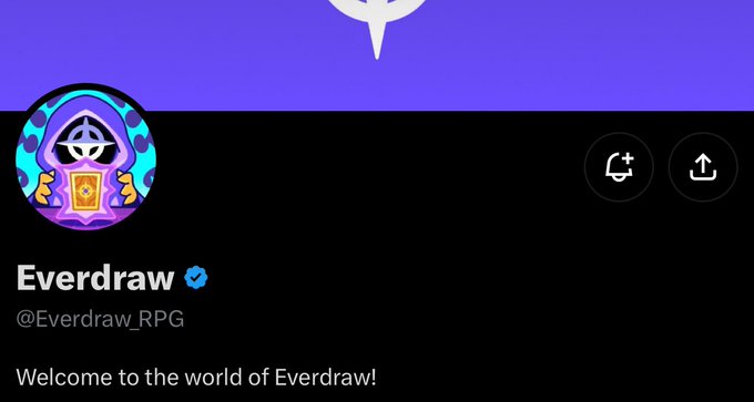 The image shows the verified Everdraw profile (@Everdraw_RPG), featuring a colorful hooded-character avatar and the text “Welcome to the world of Everdraw!” It highlights the Solana-based TCG/RPG project where players collect, craft, and quest with unusual hero cards.