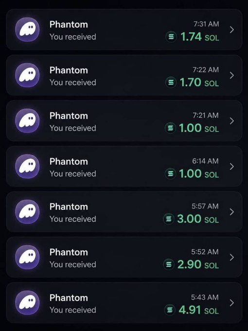 The image shows a Phantom wallet notification history displaying multiple incoming SOL transactions totaling approximately $1,000+ in just a couple hours, including amounts of 1.74, 1.70, 1.00, 1.00, 3.00, 2.90, and 4.91 SOL. This appears to be a fabricated screenshot used in a common cryptocurrency giveaway scam, where scammers claim they'll send large amounts of SOL but actually use fake transaction screenshots to lure victims into sharing their wallet addresses for phishing purposes.
