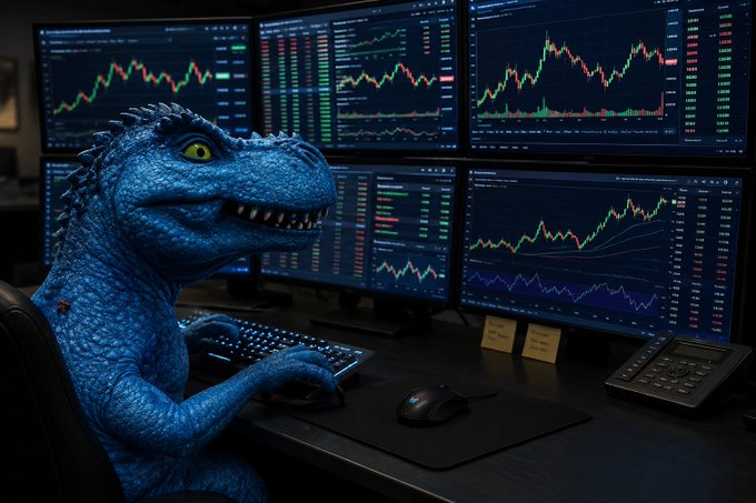 A blue dinosaur sits at a trading desk surrounded by six monitors displaying red and green candlestick charts, with one screen showing the ticker "$FEFER." The image humorously depicts a prehistoric creature analyzing the $FEFER memecoin, suggesting that even a dinosaur can spot the opportunity Tether-backed projects provide for generating marketing and trading volume.