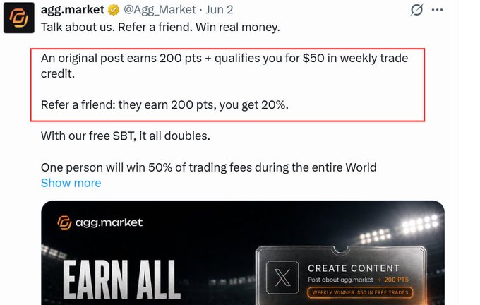The image shows a screenshot of an advertisement posted on a social media platform, likely Instagram or Twitter. The poster promotes an AggMarket account with an offer for trading tokens for new users who referred friends. It mentions two ways to connect to the account - through a free download and entering a password (which is likely the link to the Airdrop). The text within the post highlights the opportunity of earning points, potentially in the form of token rewards or money transfer, from referring friends.