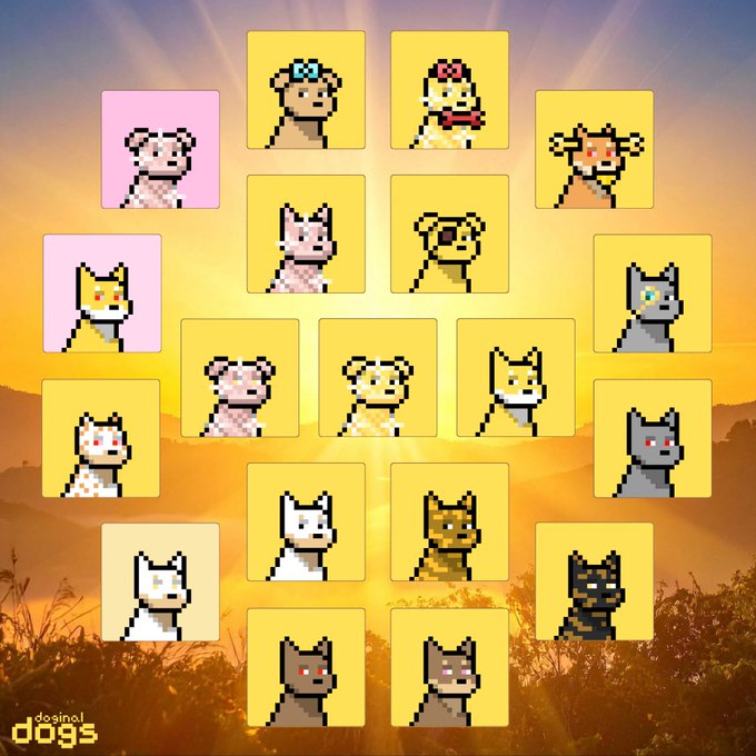 A collage of pixel-art animal icons (cats, dogs, and others) arranged in a grid over a sunset landscape background, with the text 'dosinol DOGS' in the bottom left corner.