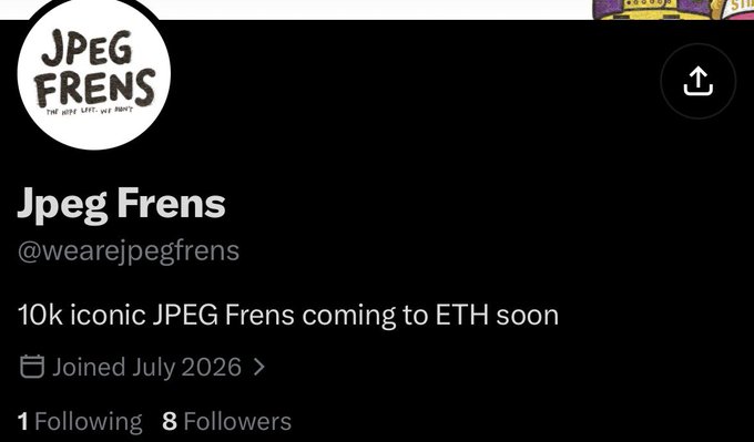 The image shows a Twitter/X profile for "Jpeg Frens" (@wearejpegfrens), a project teasing "10k iconic JPEG Frens coming to ETH soon," with just 8 followers. It relates to the accompanying post which highlights this account as early alpha discovered among only 8 followers, alongside similar low-follower accounts @SkullzOnHood (167 followers) and @tendiesinhood (274 followers).