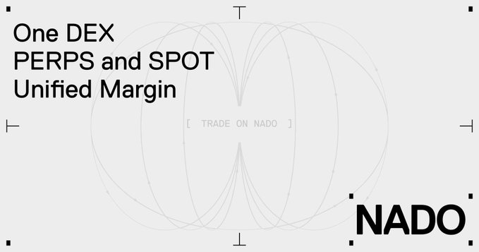 The image is a minimalist black-and-white promotional graphic for NADO, a DEX offering unified margin trading for both PERPS and SPOT markets, featuring the text "TRADE ON NADO" and the NADO logo. It ties to the post by introducing NADO as a new perp DEX discovery, following the user's previous experience with a similar protocol (Lighter) where they engaged with the team and farmed points for an airdrop.