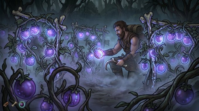 A fantasy illustration shows a bearded man with a sickle harvesting glowing purple fruits from thorny vines in a misty forest.