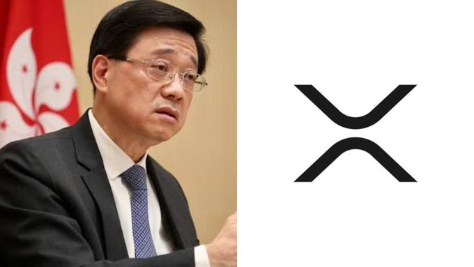 A split image shows a man in a suit and glasses (appearing to be a Hong Kong official) on the left beside the XRP logo on the right, illustrating the headline that Hong Kong has approved full retail access to XRP within its $400B+ economy.