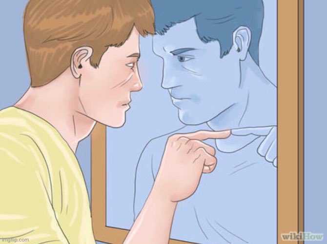 An illustration from wikiHow showing a person pointing at their reflection in a mirror, which has been colored blue to distinguish it.