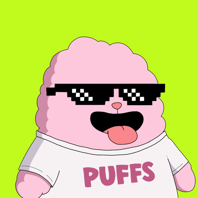 A cartoon illustration of a pink fluffy character wearing pixelated "deal with it" sunglasses and a white t-shirt that reads "PUFFS" against a bright green background.