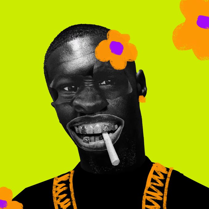 A stylized black and white portrait of a man with grills smoking a cigarette, set against a vibrant lime green background with hand-drawn orange and purple flowers.