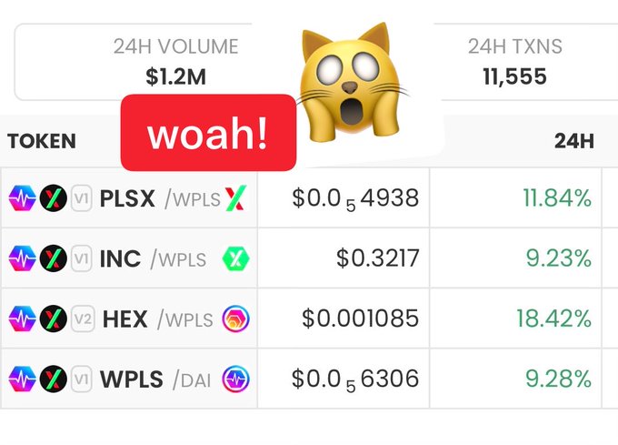 The image shows a cryptocurrency trading dashboard for PulseChain featuring a $1.2M 24-hour volume and 11,555 transactions, with a shocked cat emoji and "woah!" speech bubble reacting to the surge across core tokens PLSX (+11.84%), INC (+9.23%), HEX (+18.42%), and WPLS (+9.28%) — perfectly illustrating the "PAMPeroni pizza" delivery of gains the post jokes about.