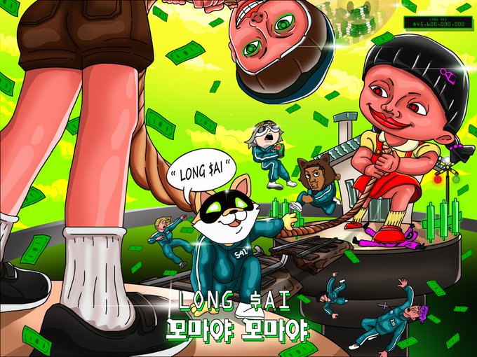 Vibrant cartoon illustration referencing the 'Squid Game' series, featuring a cat in a teal tracksuit saying 'Long $ai,' with text 'Long $AI' and Korean characters at the bottom, set against a background of falling money and game machinery.