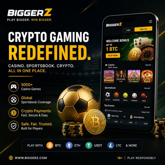 The image features a smartphone displaying an advertisement for BiggerZ, a cryptocurrency gaming platform that has been redefining the industry by offering a fast, secure, and borderless betting experience with thousands of casino games available. The phone's screen shows various game options such as poker, slots, and roulette, along with a soccer ball and some coins on display. The post highlights BiggerZ's innovative approach to gaming and its commitment to providing an engaging and accessible experience for players worldwide.