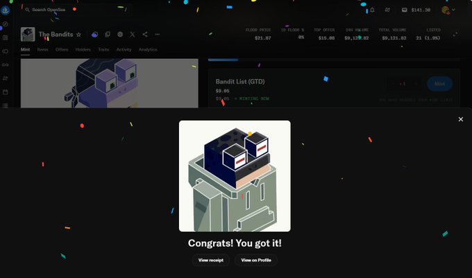 A cryptocurrency trading interface for 'The Bandits' token displays a pop-up that reads 'Congrats! You got it!' with an illustration of a character.