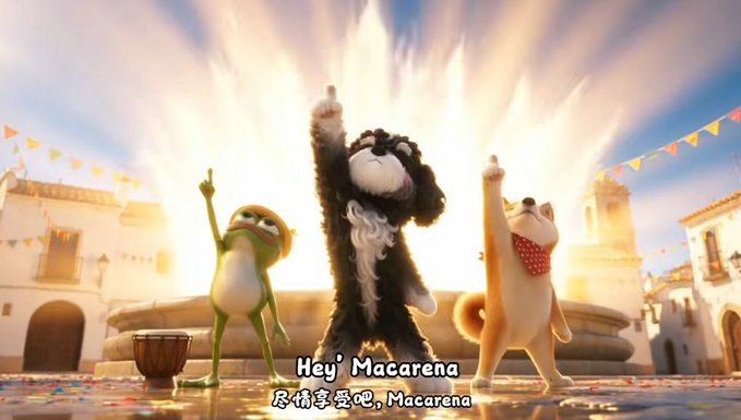 Animated scene with a frog, a black dog-like character with white beard raising its fist, and a cat in a red bandana, with subtitles reading 'Hey Macarena' in English and Chinese.