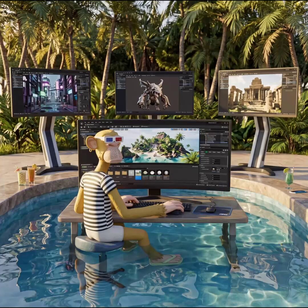 In the image, a cartoon character resembling a monkey is sitting at a desk by a pool filled with water. The Monkey is wearing a striped shirt and has a computer monitor in front of him. There are three other monitors placed around the scene, indicating that this might be an office or workspace setup for multiple people. A keyboard and mouse can also be seen on the desk.

The post includes some text about the Render Pool space at 2 PM EST, which suggests that it is a time when the image was taken. The Monkey in the image seems to be enjoying his time by the pool while working or playing with the computer.