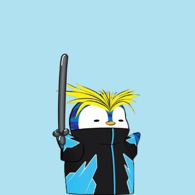 An illustration features a penguin-like character with spiky yellow hair, wearing a blue and black outfit and holding a katana against a light blue background.