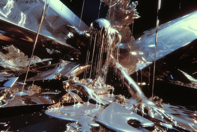 A surreal 3D render featuring a humanoid figure with liquid metallic silver and gold chrome dripping from its body onto fragmented reflective surfaces.