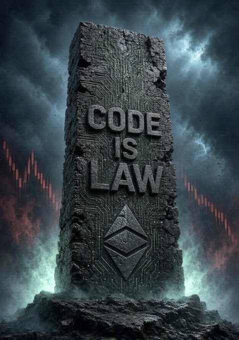 A weathered stone monument engraved with "CODE IS LAW" and the Ethereum Classic diamond logo stands amid dark clouds and red candlestick charts, visually reinforcing the post's message that Ethereum's foundational principles—particularly the immutability of code—transcend short-term market volatility.