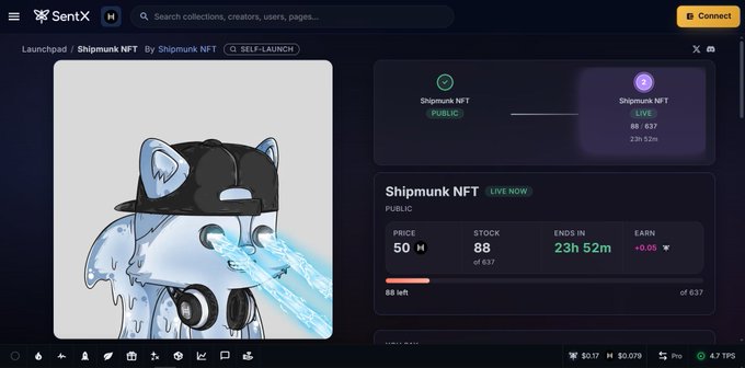 The image shows a screenshot of a computer screen displaying information about a shipmunk character from the game Shipmunk. The character has blue eyes, a black hat, and sunglasses, giving them a cool appearance. They are wearing headphones on their head, suggesting they might be listening to music or communicating with someone through a messaging app like MMS. The character is also wearing a backpack, which could indicate that they are prepared for an adventure or journey. The screen displays various information about the shipmunk's status and location, such as whether it has been launched yet, its current status, and the time remaining before it closes. Additionally, there is text on the screen related to Shipmunk itself, including details about the game and a link to the game's launchpad page.