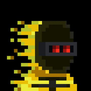 A pixelated digital illustration featuring a yellow and black character with a horizontal black band across its face containing three red squares, set against a dark background.