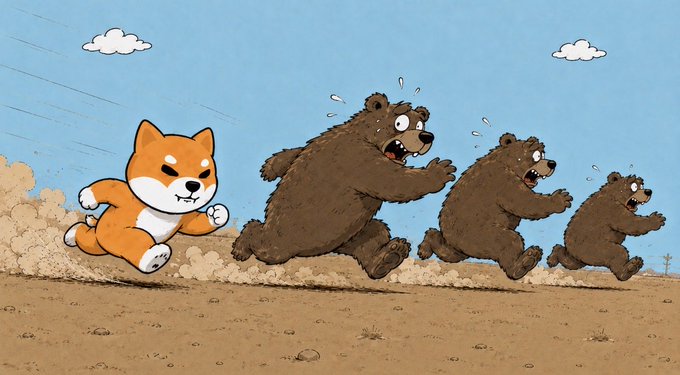 A determined Shiba Inu wearing a "$SHIB" tag chases three terrified bears across a dusty landscape, visually capturing the meme's joke that bearish traders fled in panic after spotting Shiba Inu cryptocurrency on their radar.